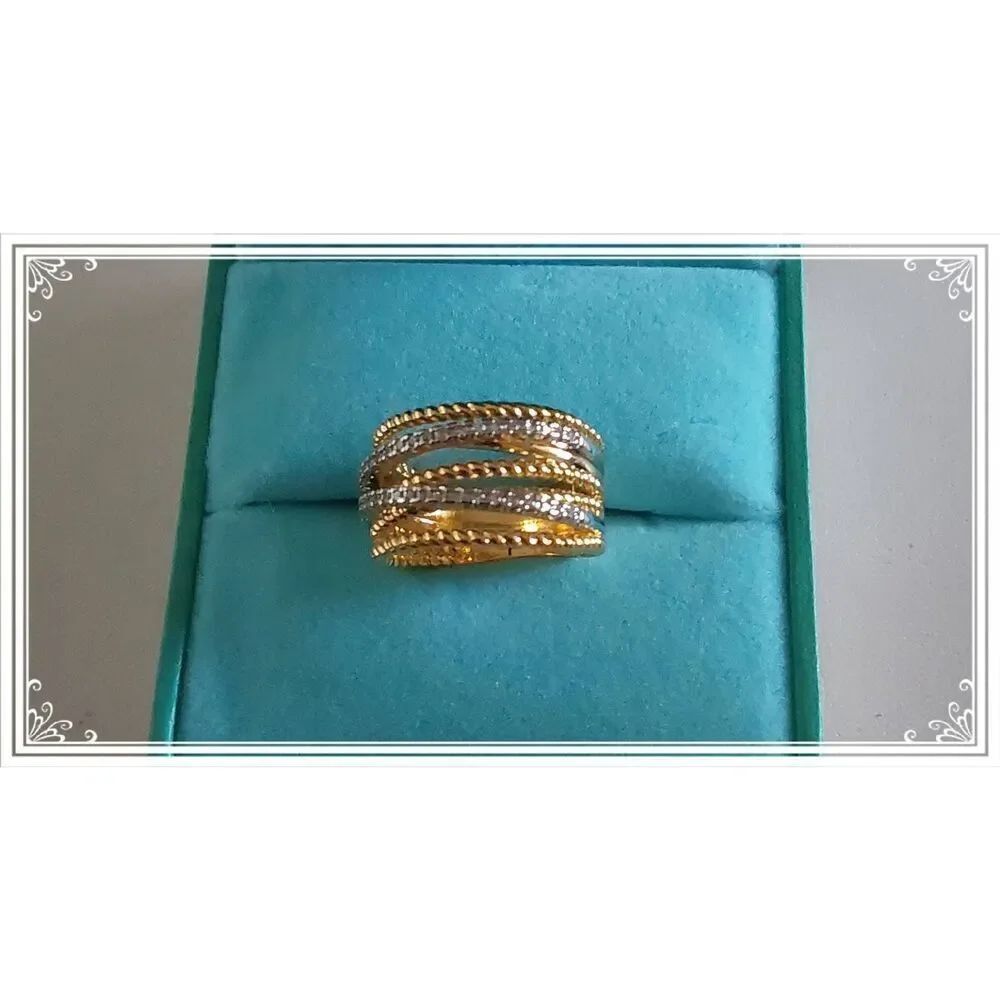 Gorgeous 18KYGP Twisted Cable & Sim Diamond Highway Ring Sz 7